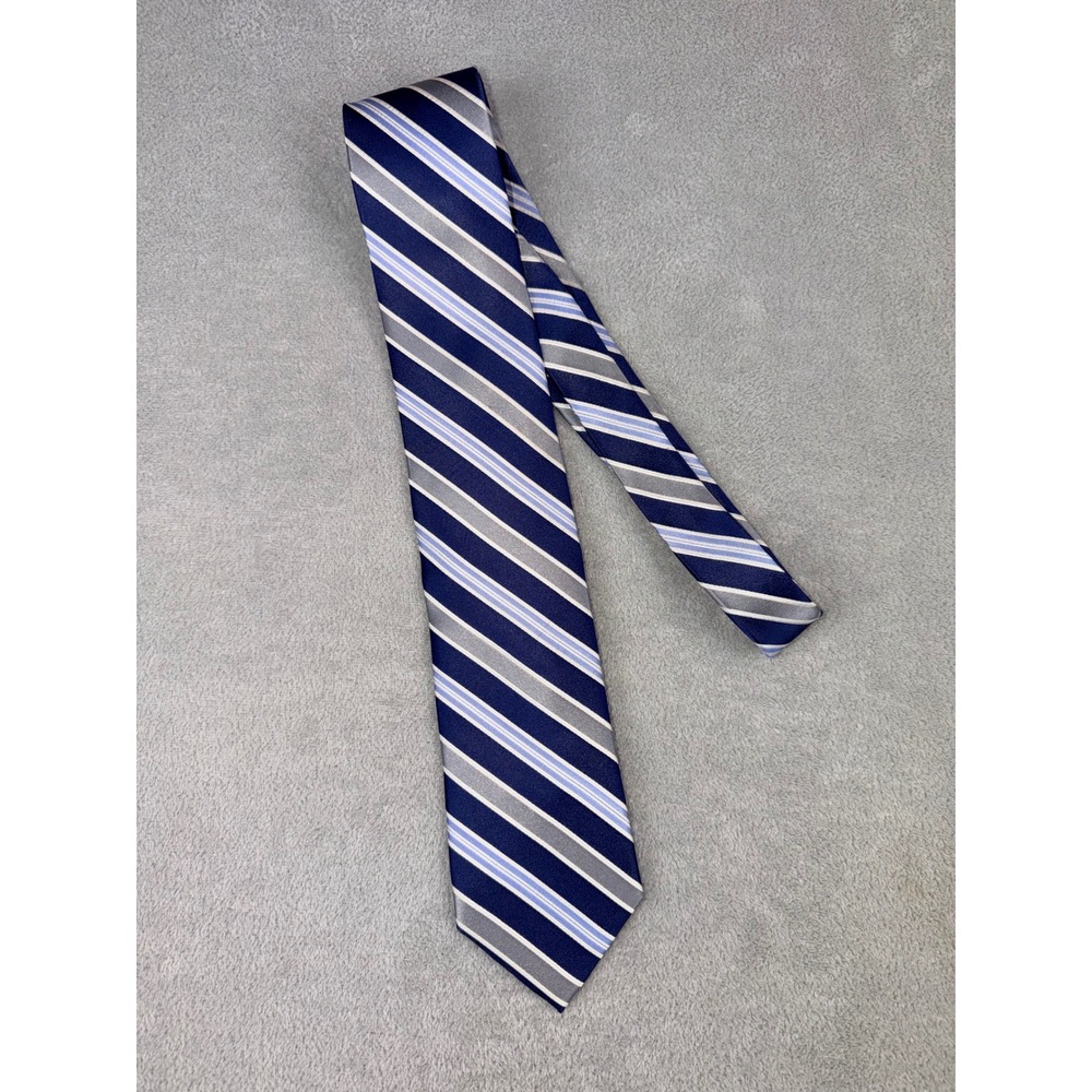 Club Room Mens Necktie Navy Blue‎ White Gray Stripe Silk Tie Fast Shipping!